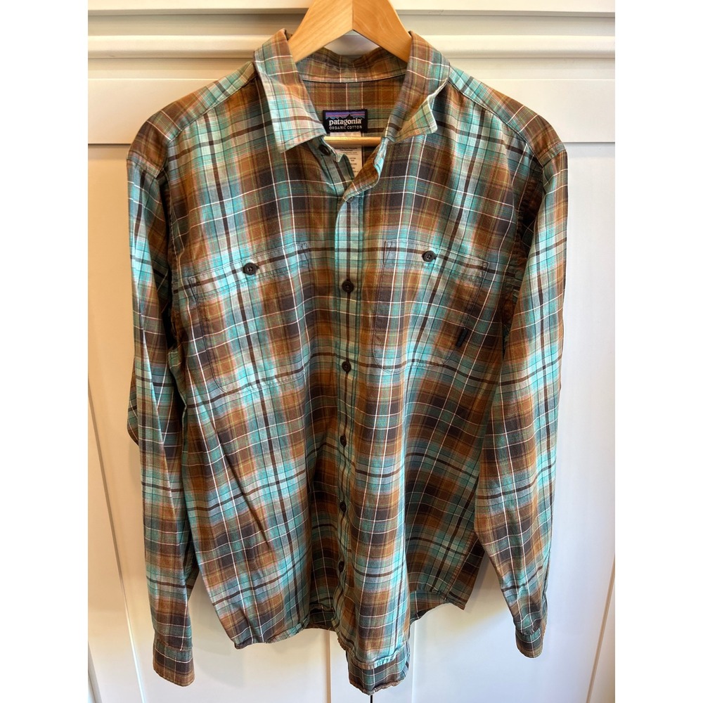 Patagonia Men's Organic Cotton Plaid Flannel Shirt Brown Turquoise Gorpcore M - Picture 3 of 10